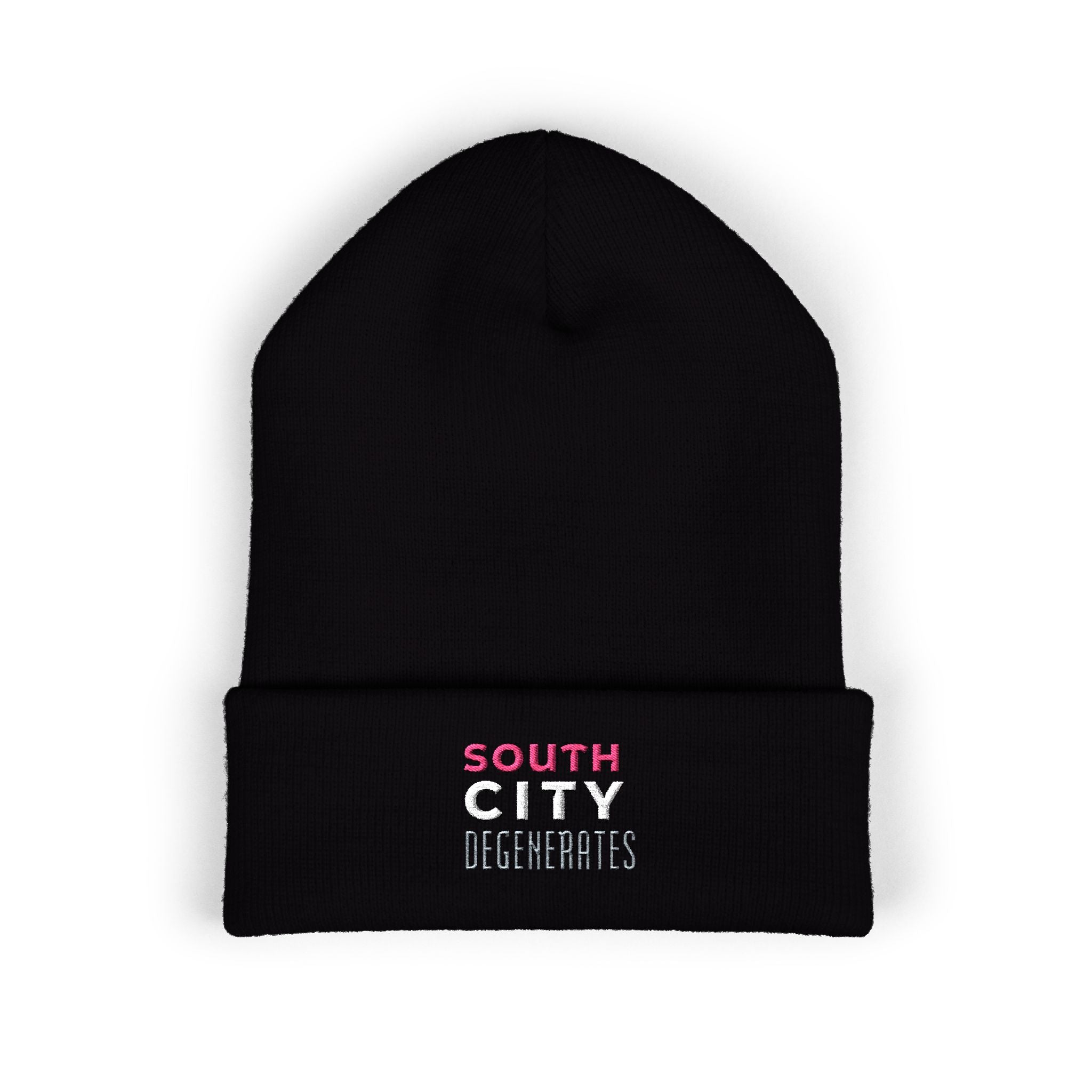 Embroidered 'South City Degenerates' Cuffed Beanie — Knit Winter Hat