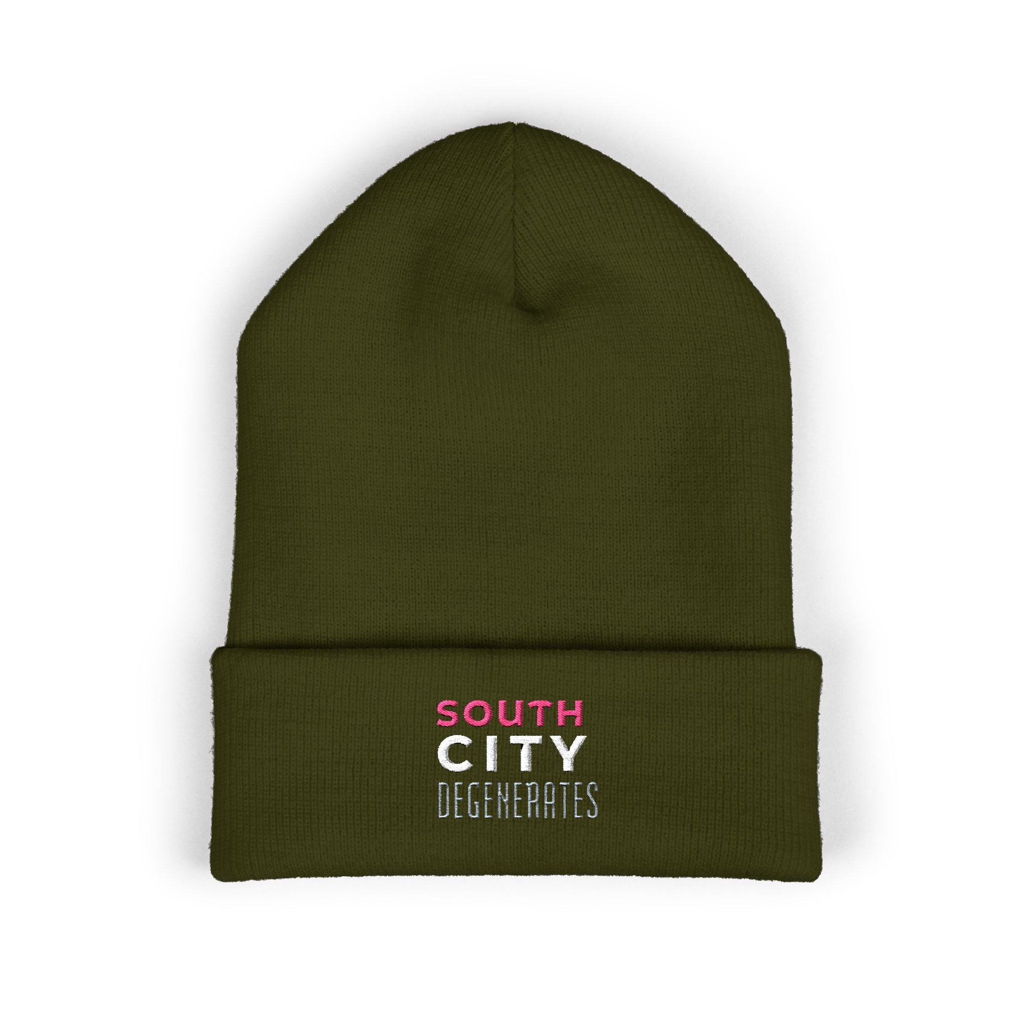 Embroidered 'South City Degenerates' Cuffed Beanie — Knit Winter Hat