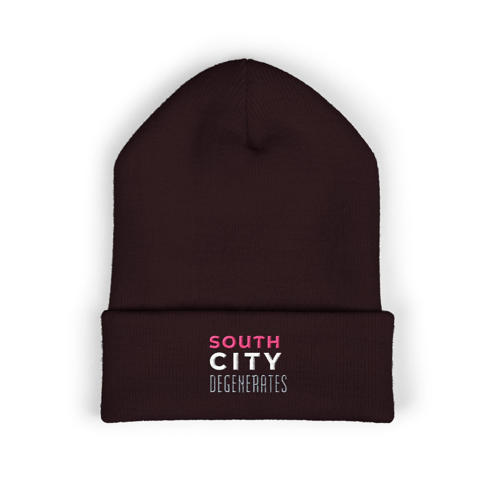 Embroidered 'South City Degenerates' Cuffed Beanie — Knit Winter Hat
