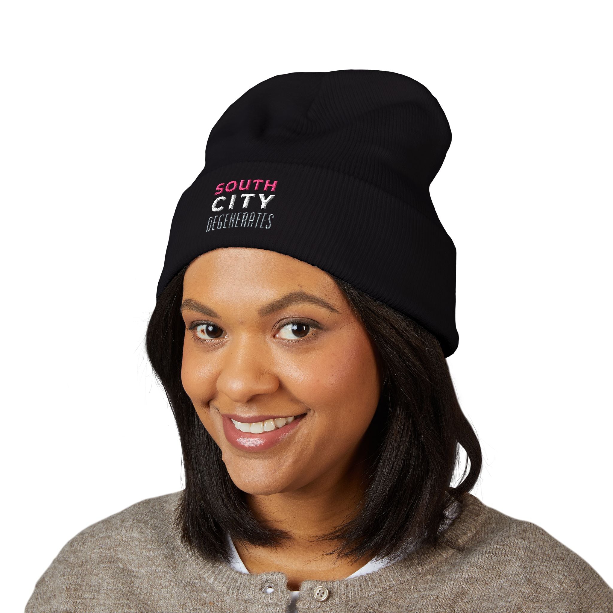Embroidered 'South City Degenerates' Cuffed Beanie — Knit Winter Hat